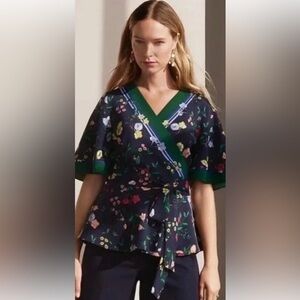 Ann Taylor Navy Floral Wrap Kimono Blouse